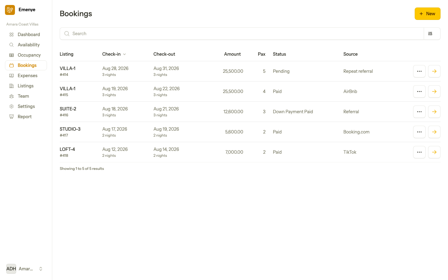 Emenye bookings list on desktop