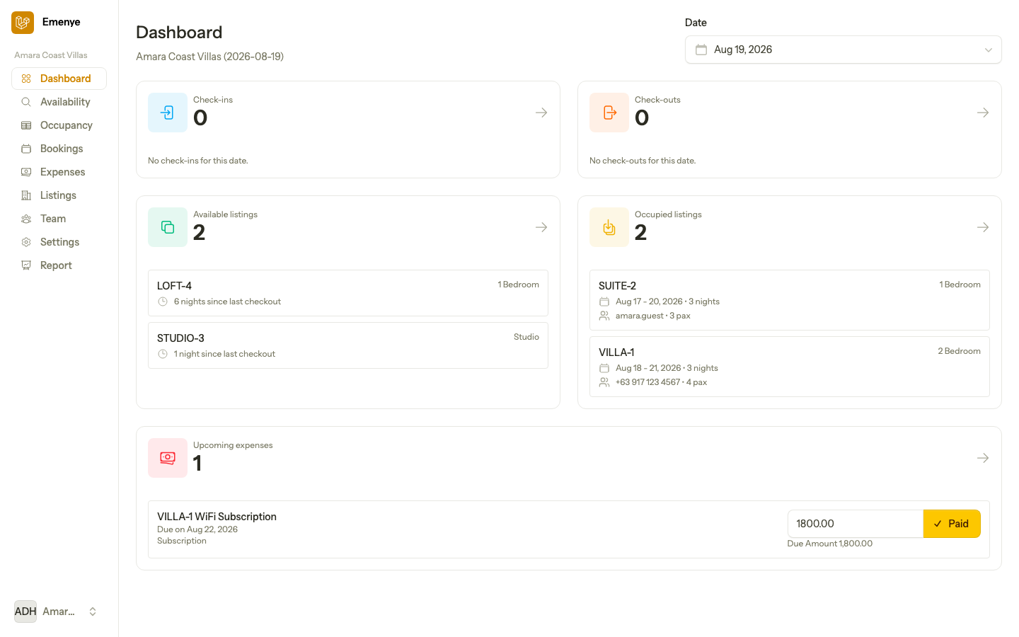 Emenye account dashboard showing check-ins, check-outs, available listings, and upcoming expenses