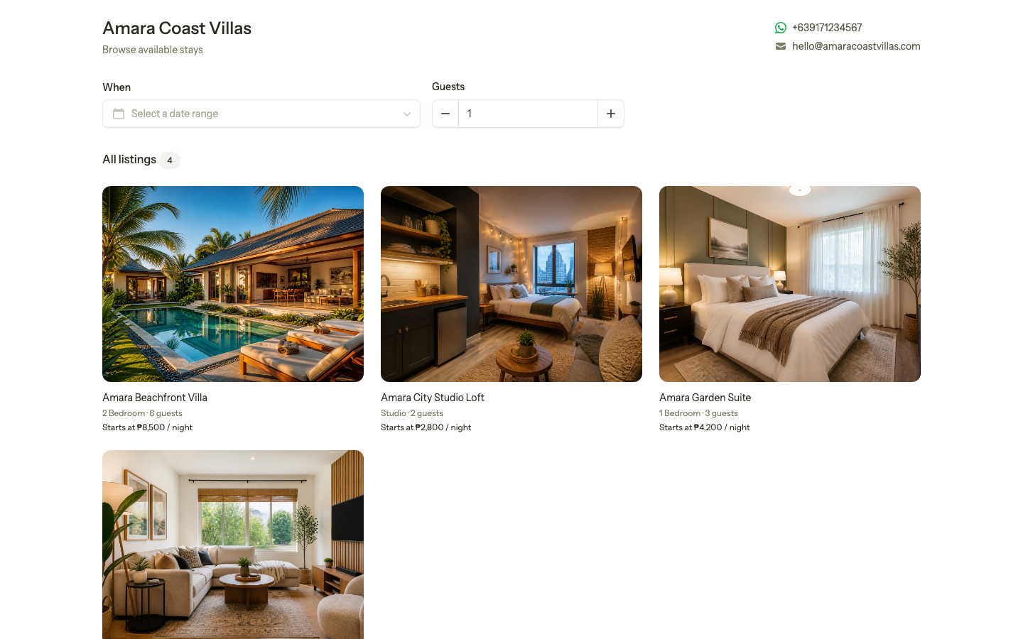 Emenye direct booking / public listings page on desktop