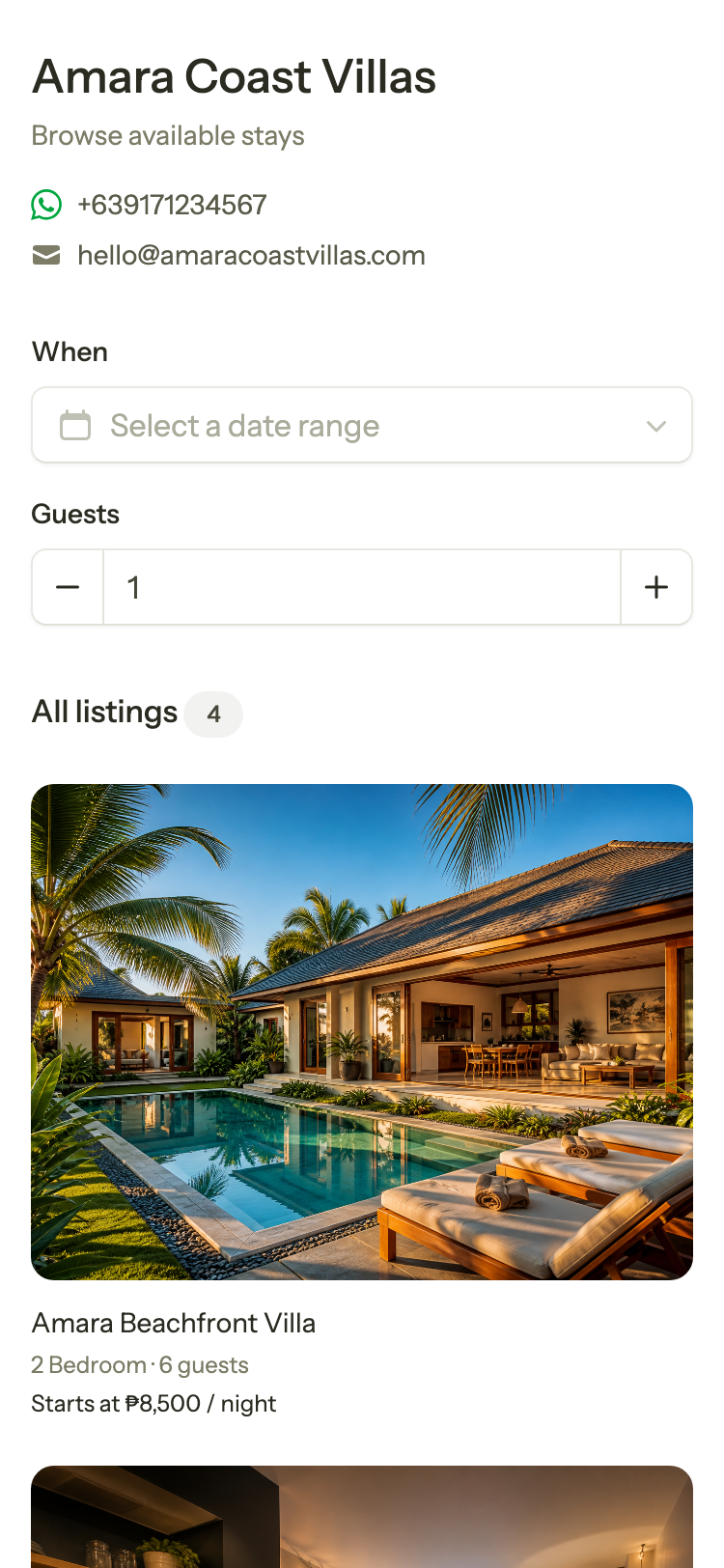Emenye direct booking page on mobile