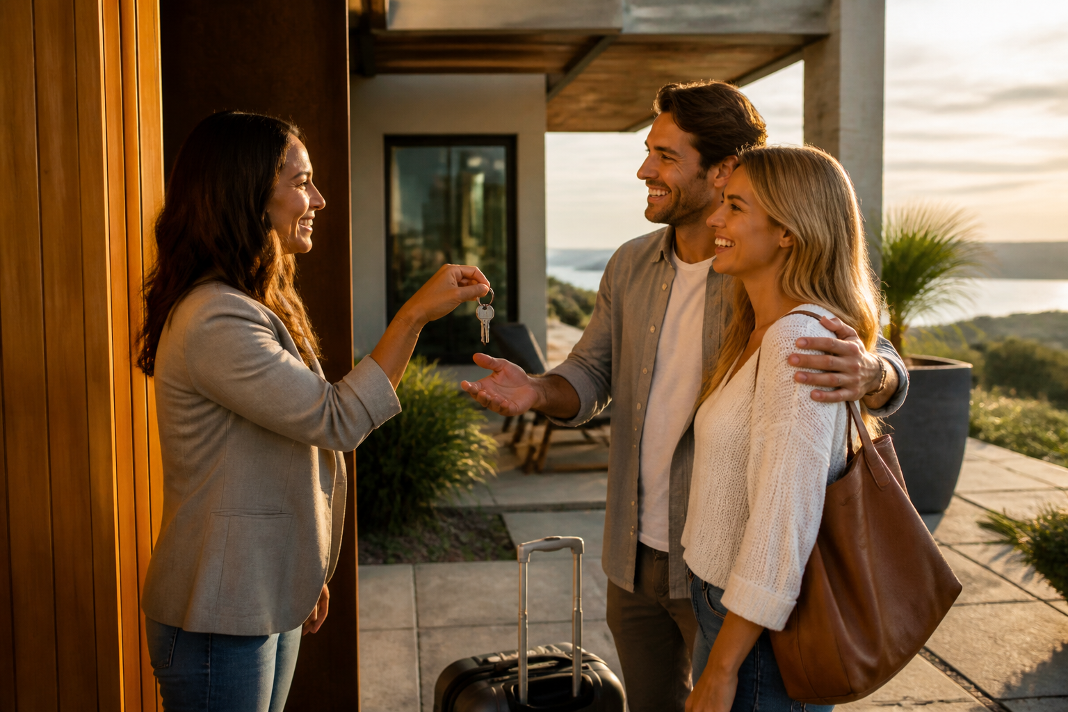 Host welcoming guests and handing over keys to a short-term rental